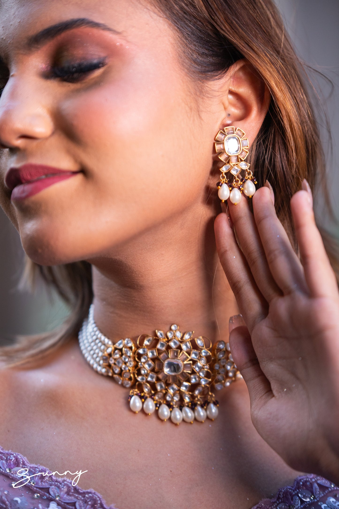 Zevar Club White Kundan Studded Floral Handcrafted Choker Necklace Set with White Pearl Beaded Strands & Drop Earrings