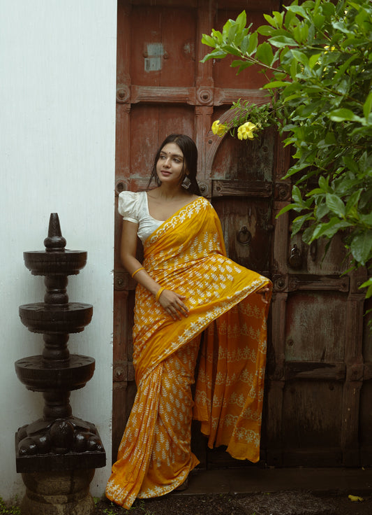 Summer Vacation Collection - Ammiya - Handblock Print Natural Dyed - Yellow Mulmul Cotton Saree
