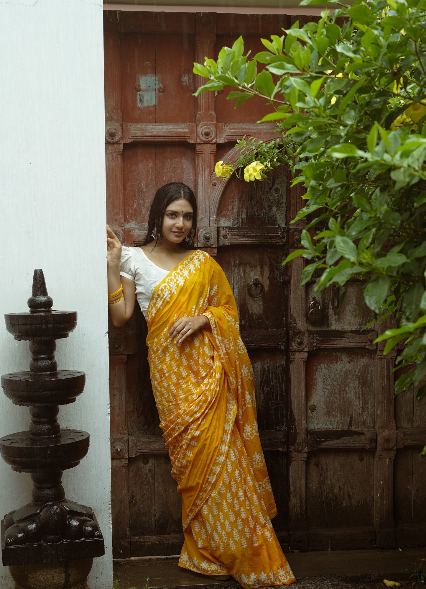 Summer Vacation Collection - Ammiya - Handblock Print Natural Dyed - Yellow Mulmul Cotton Saree