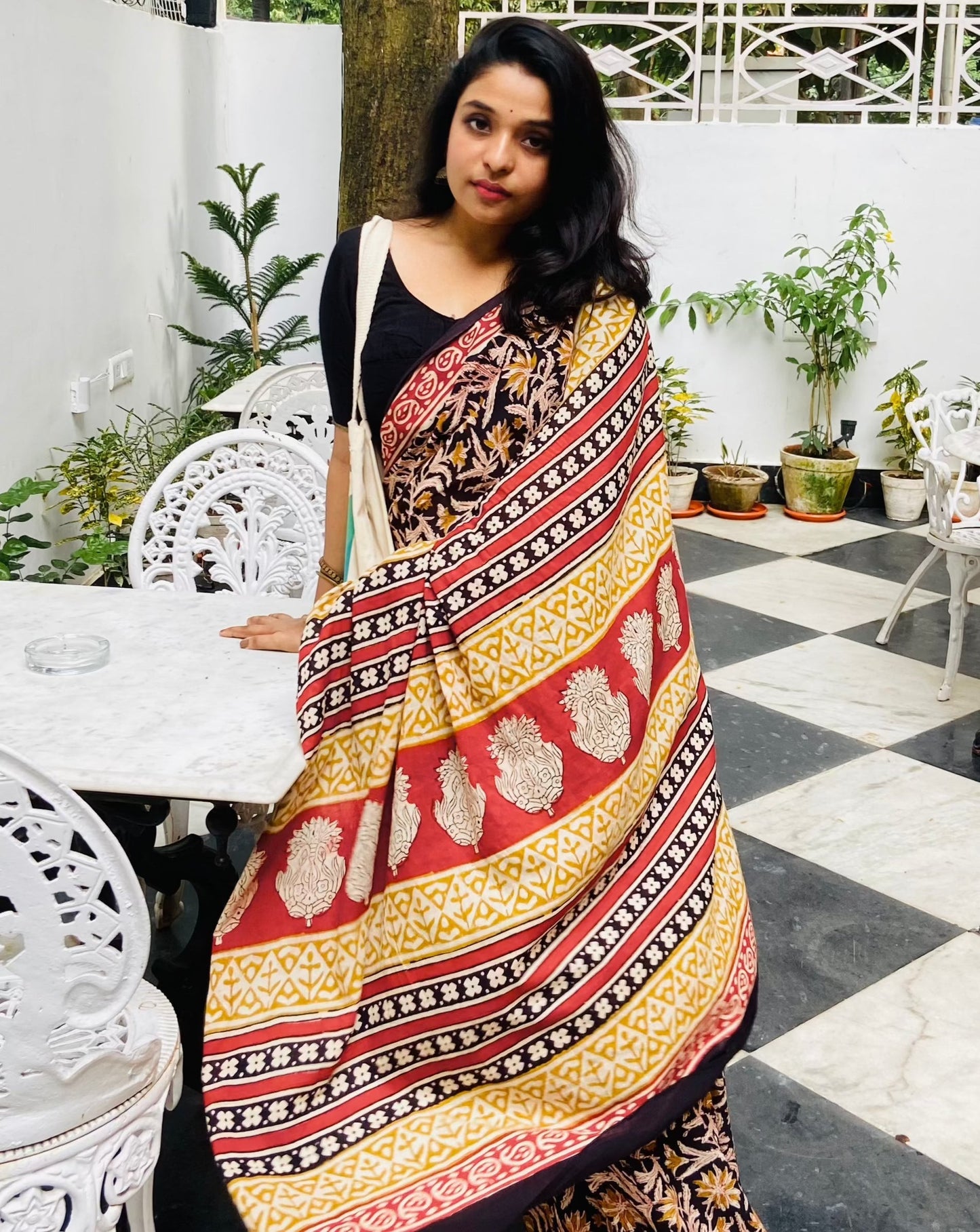 Kalbeliya -  Black Bagru Natural Dyes Handblock Printed - Cotton Mulmul Saree