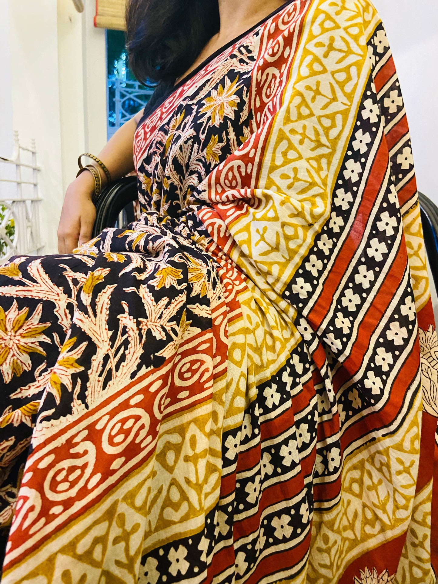 Kalbeliya -  Black Bagru Natural Dyes Handblock Printed - Cotton Mulmul Saree