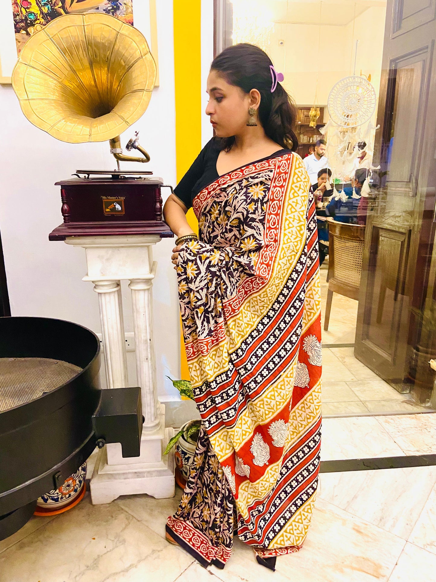 Kalbeliya -  Black Bagru Natural Dyes Handblock Printed - Cotton Mulmul Saree
