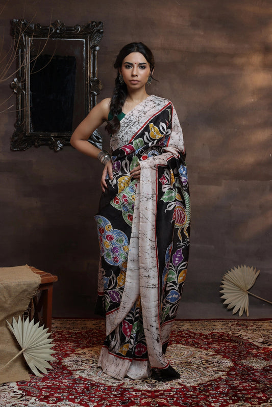 Handloom Black Pure Silk Batik Art Saree