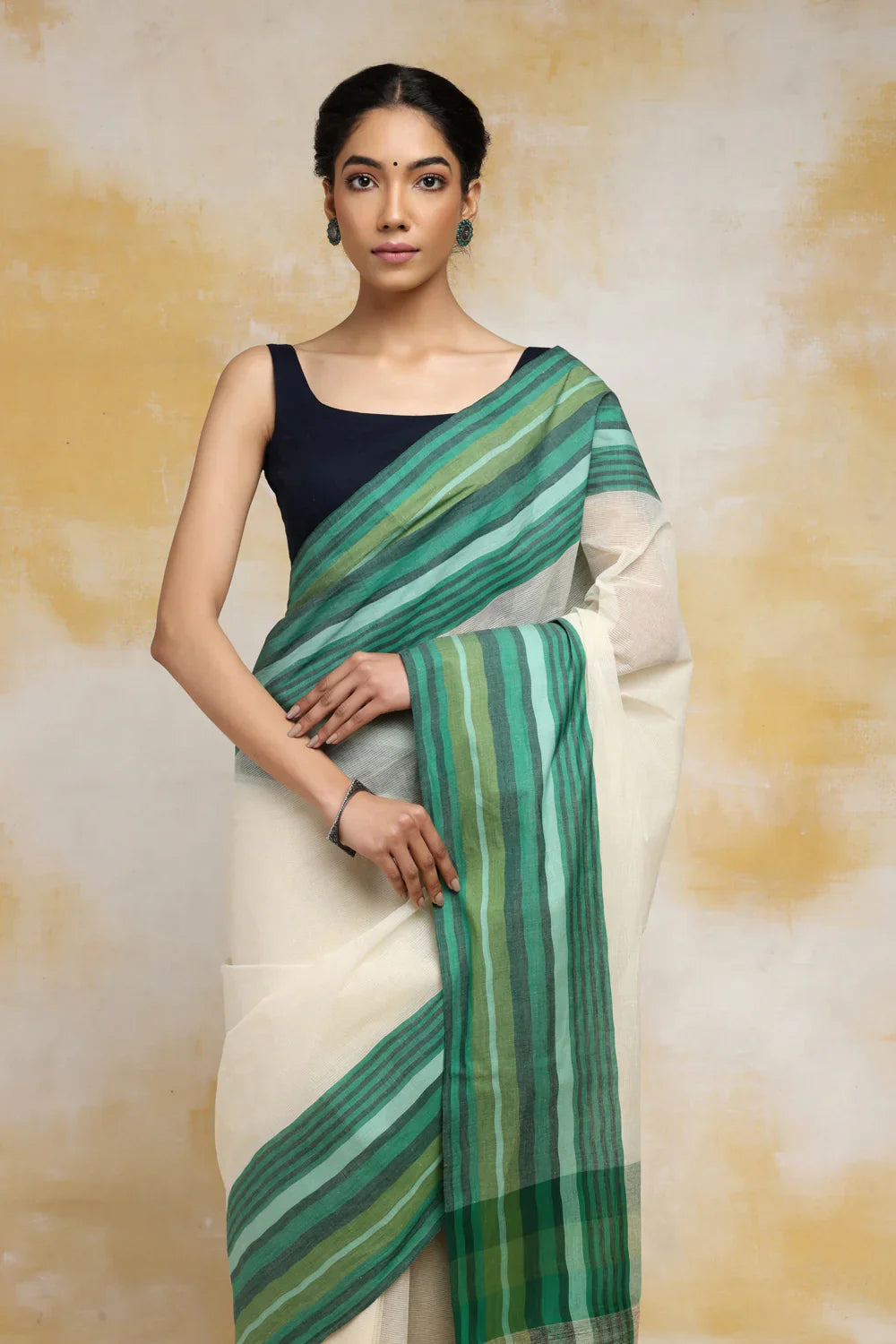 Handloom Cream Cotton Saree With Green Border