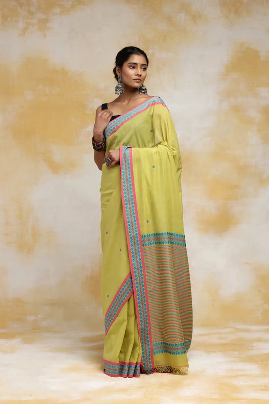 Handloom Yellow Green Soft Cotton Saree