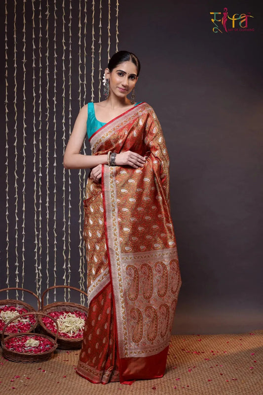 Handloom Orange Pure Silk Tanchoi Banarasi Saree With Zari