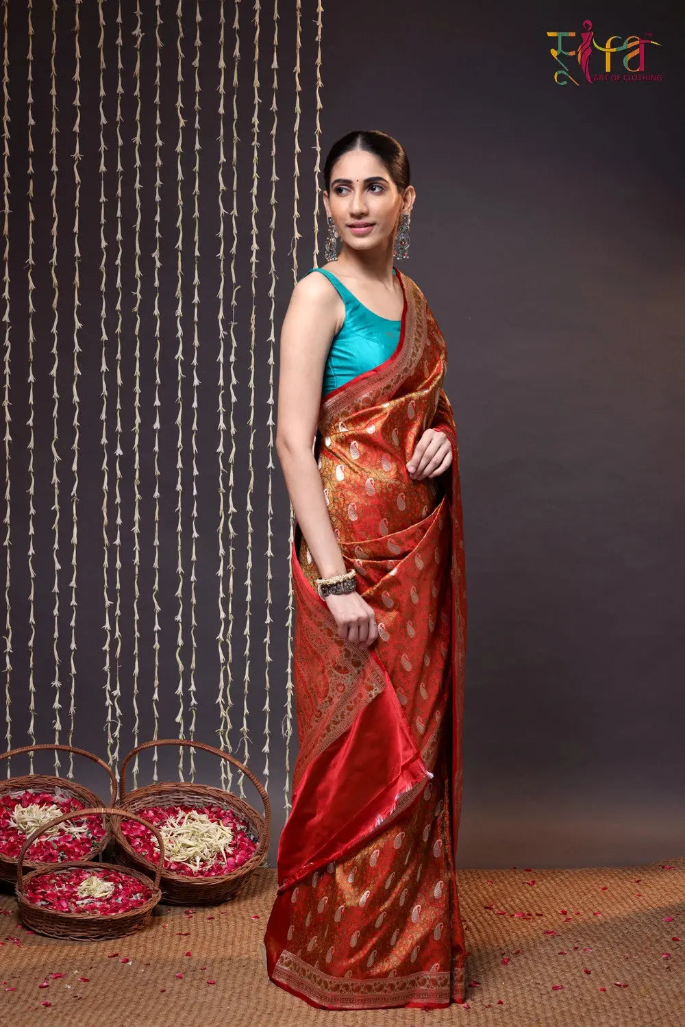 Handloom Orange Pure Silk Tanchoi Banarasi Saree With Zari