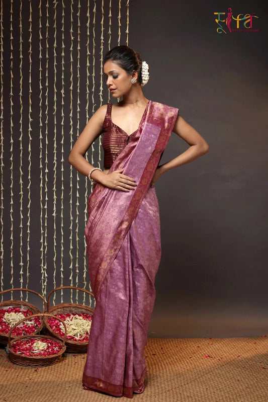 Purple Handloom Pure Silk Tanchoi Banarasi Saree