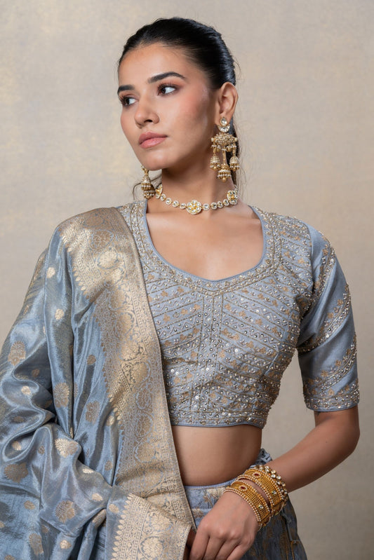Metallic silver soft silk lehenga set
