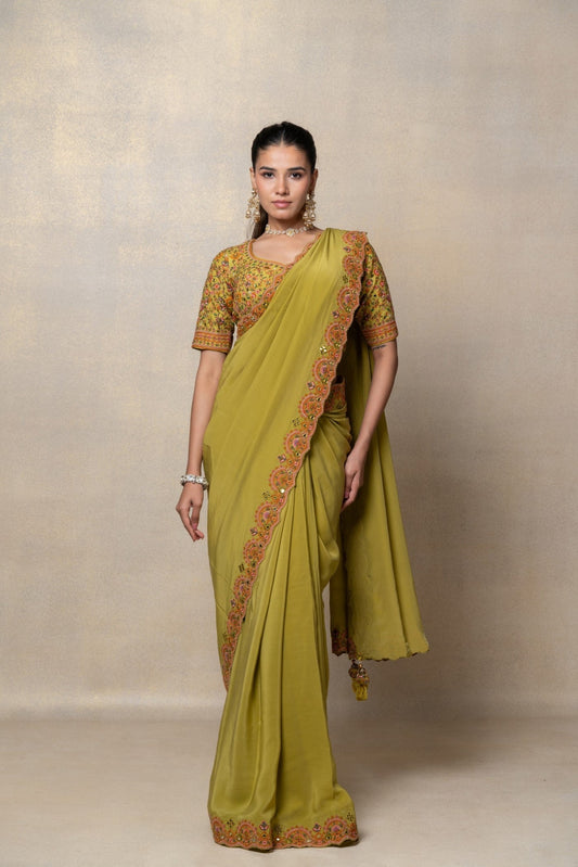 Mehendi green crepe silk resham and mirror embellished saree