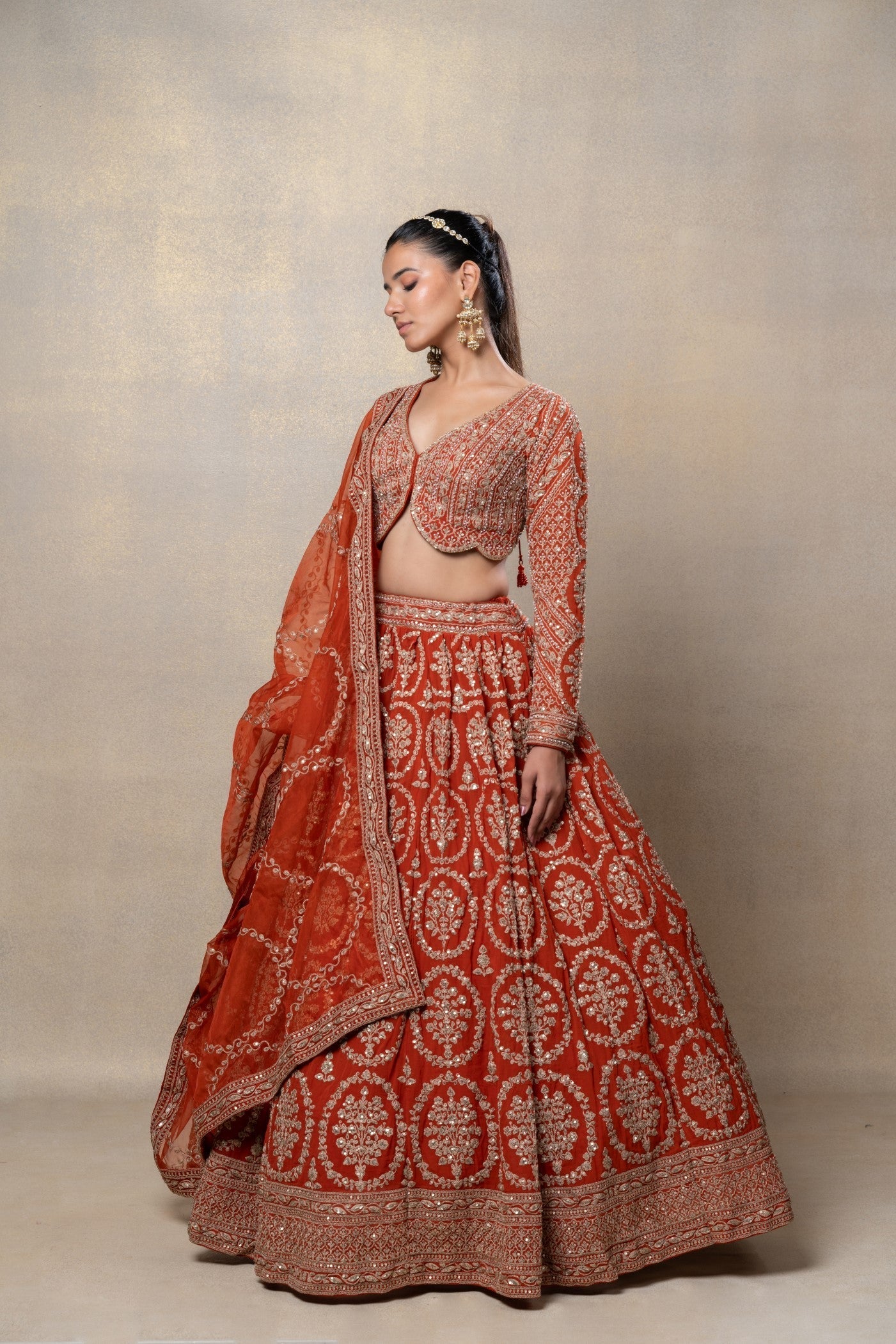 Red heavily embellished georgette organza Bridal lehenga set