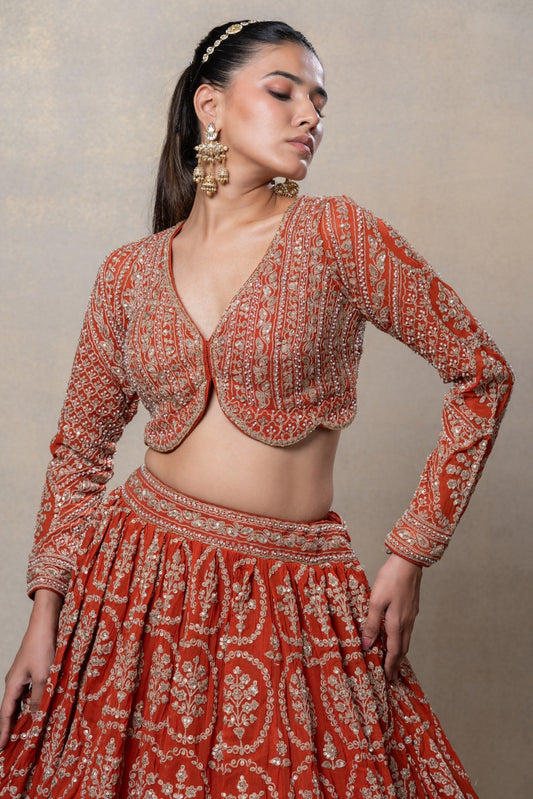 Red heavily embellished georgette organza Bridal lehenga set