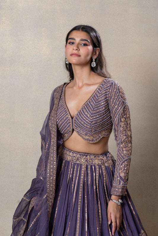 Iris purple heavily embellished georgette organza lehenga set