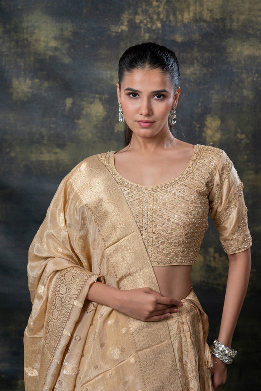 Golden banarasi soft silk lehenga set