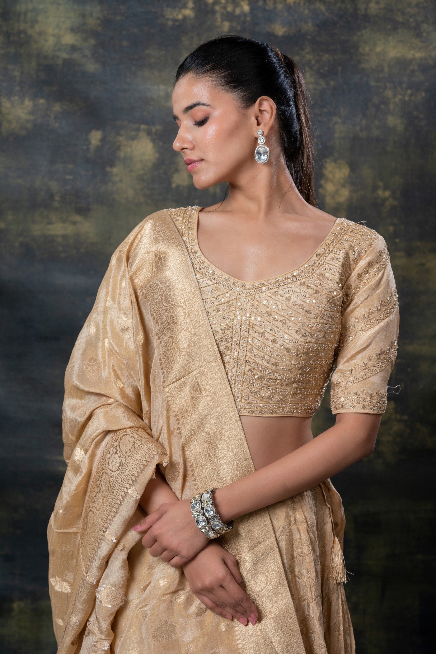 Golden banarasi soft silk lehenga set