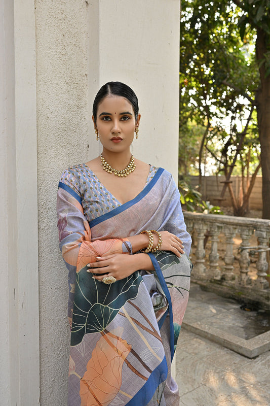 Jiyani Flower Blue Cotton Silk Floral printed Saree