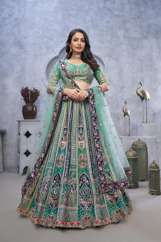 Green Organza Silk Intricate Paisley Motifs Embroidered Wedding Lehenga Choli