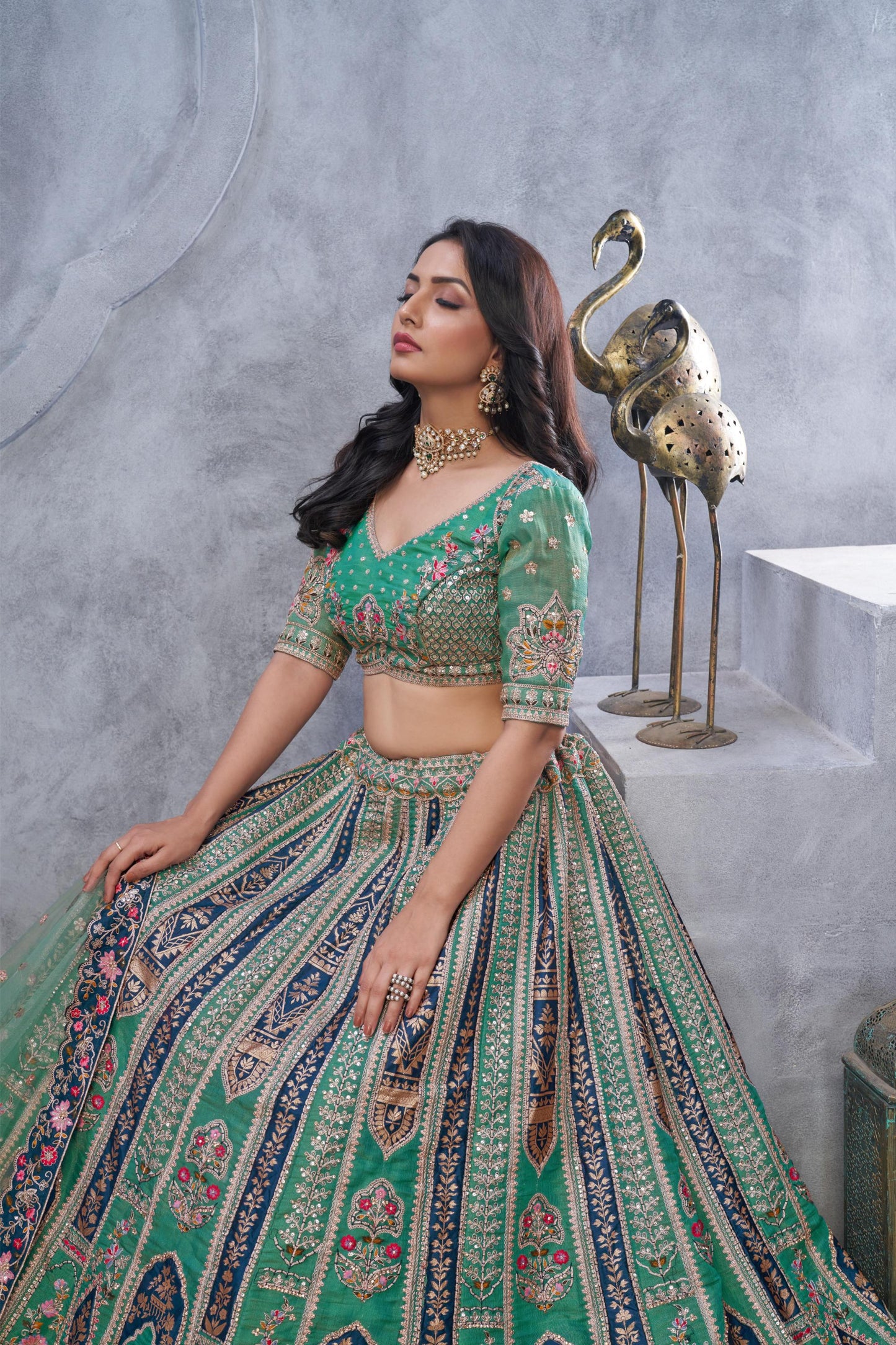Green Organza Silk Intricate Paisley Motifs Embroidered Wedding Lehenga Choli