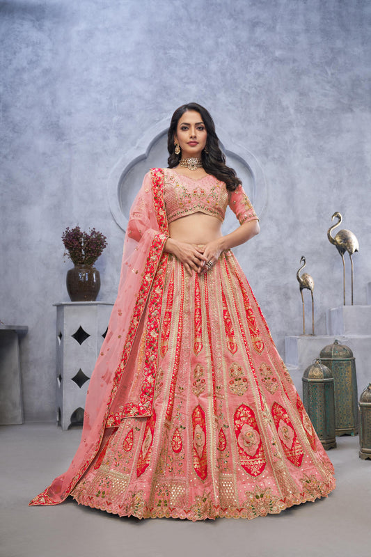Pink Organza Silk Intricate Paisley Motifs Embroidered Wedding Lehenga Choli