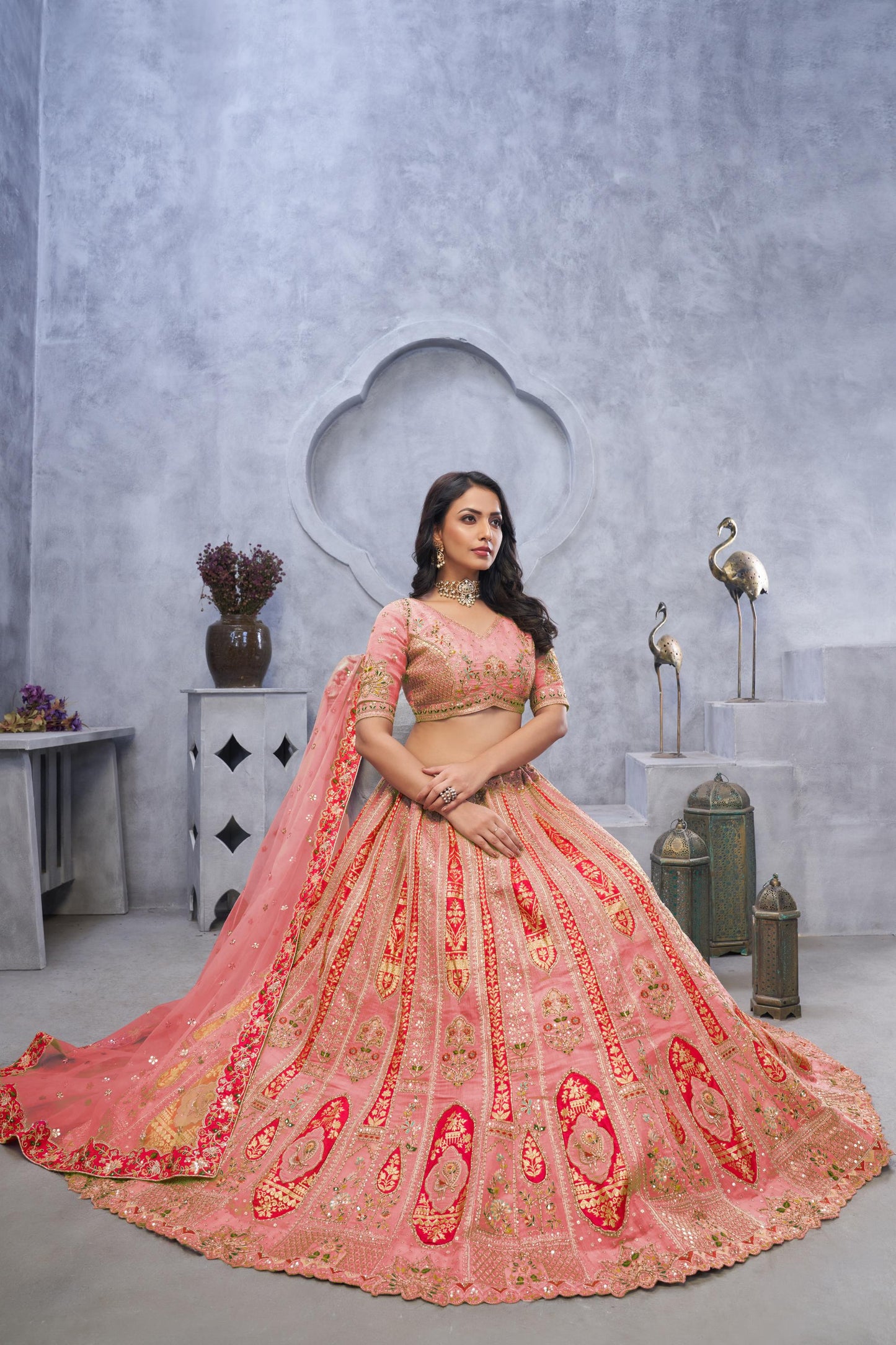 Pink Organza Silk Intricate Paisley Motifs Embroidered Wedding Lehenga Choli