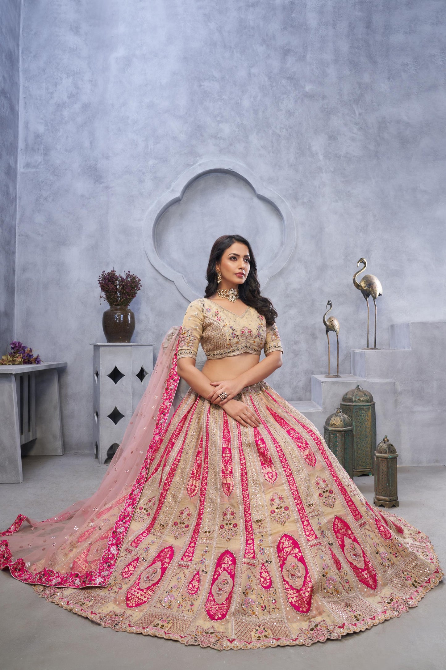 Brown Organza Silk Intricate Paisley Motifs Traditional Embroidered Wedding Lehenga Choli