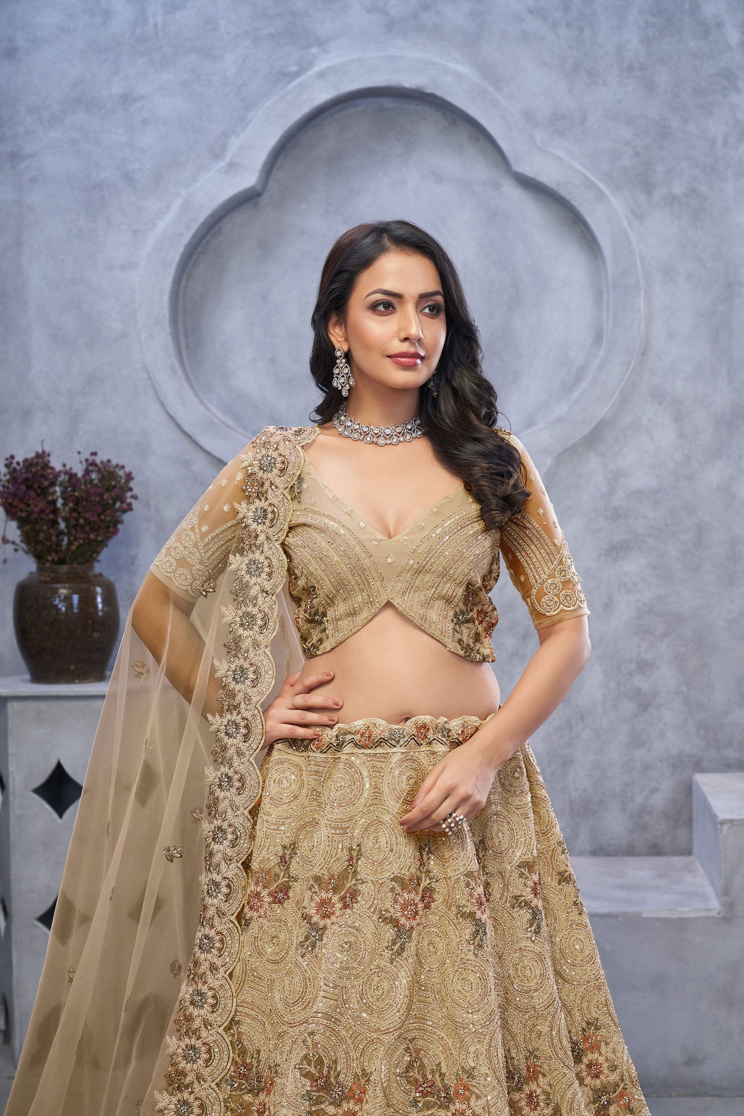 Golden Net Peacock & Bagh Sequins Embroidery Wedding Lehenga