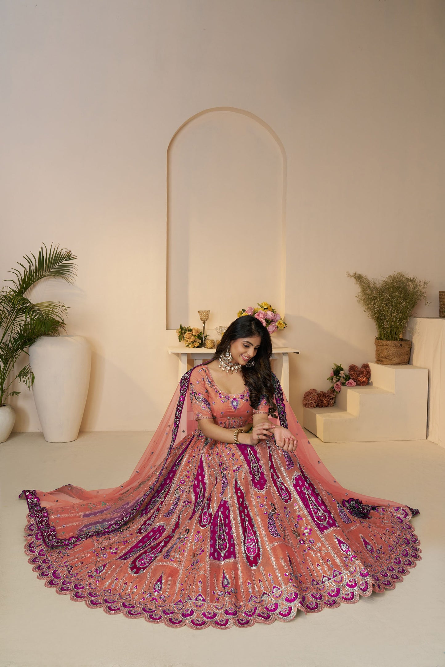 Orange Bel Butti Pattern Silk Engagement Lehenga Choli