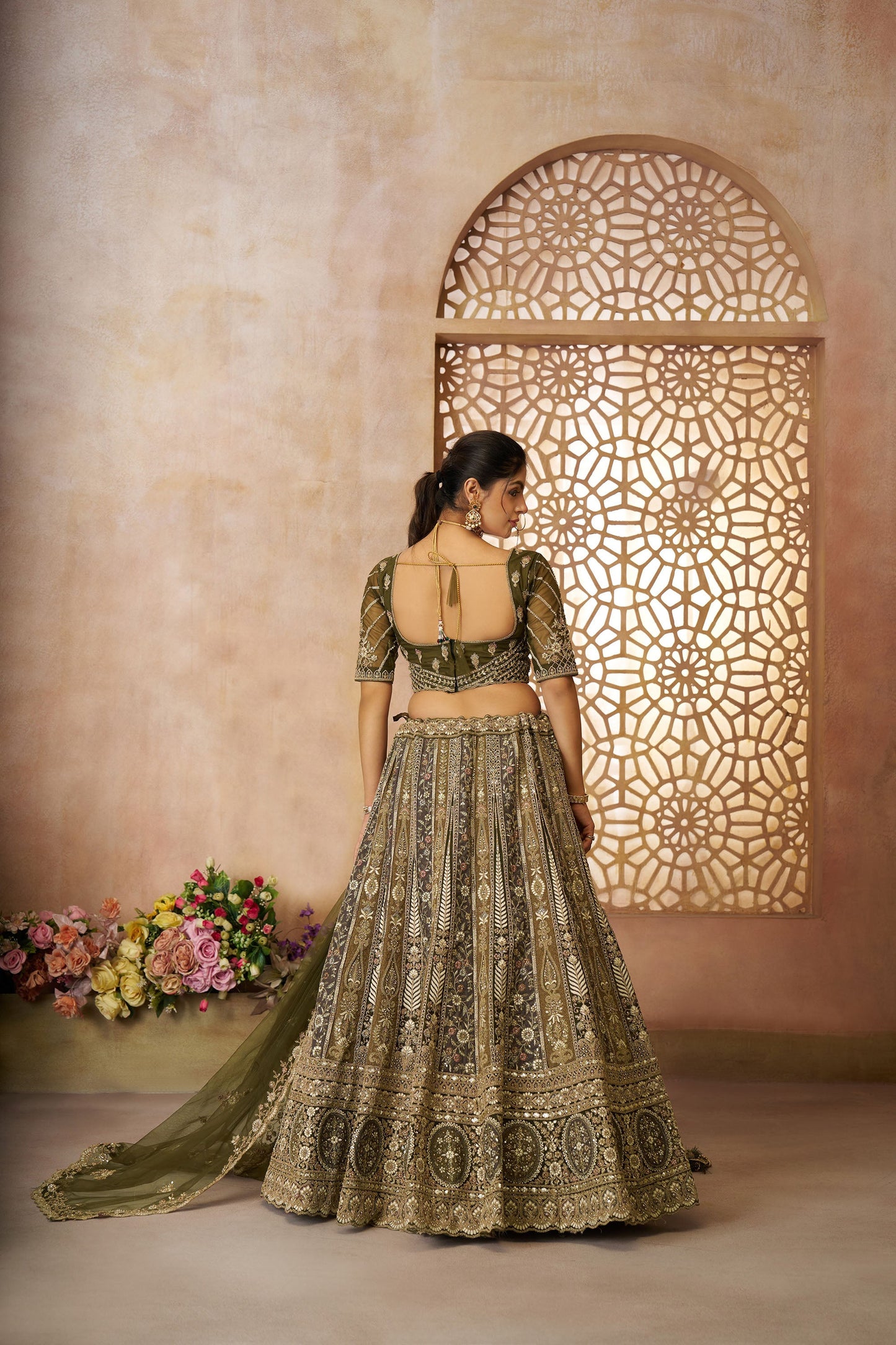 Green Soft Net Sequins & Zari Embroidery Bridal Lehenga for Mehendi