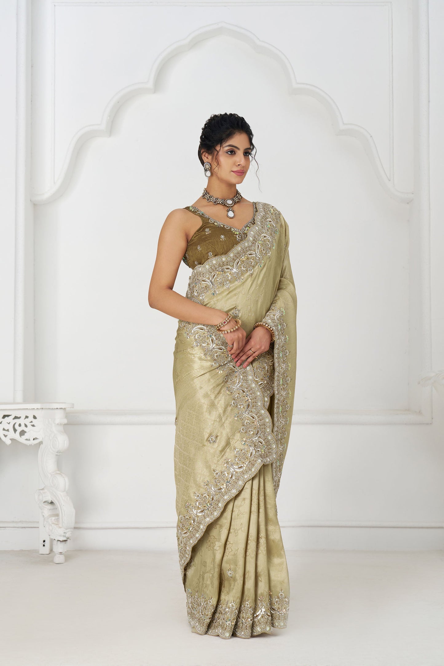 Olive Green Dola Viscose Silk Sequins And Beads Embroidery Festival Saree