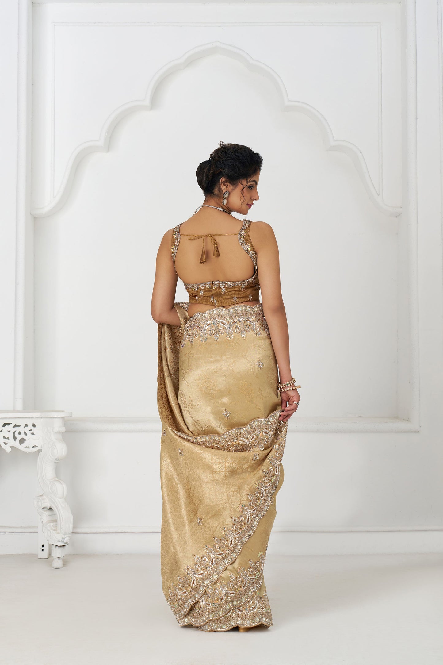 Golden Dola Viscose Silk Sequins And Beads Embroidery Festival Saree