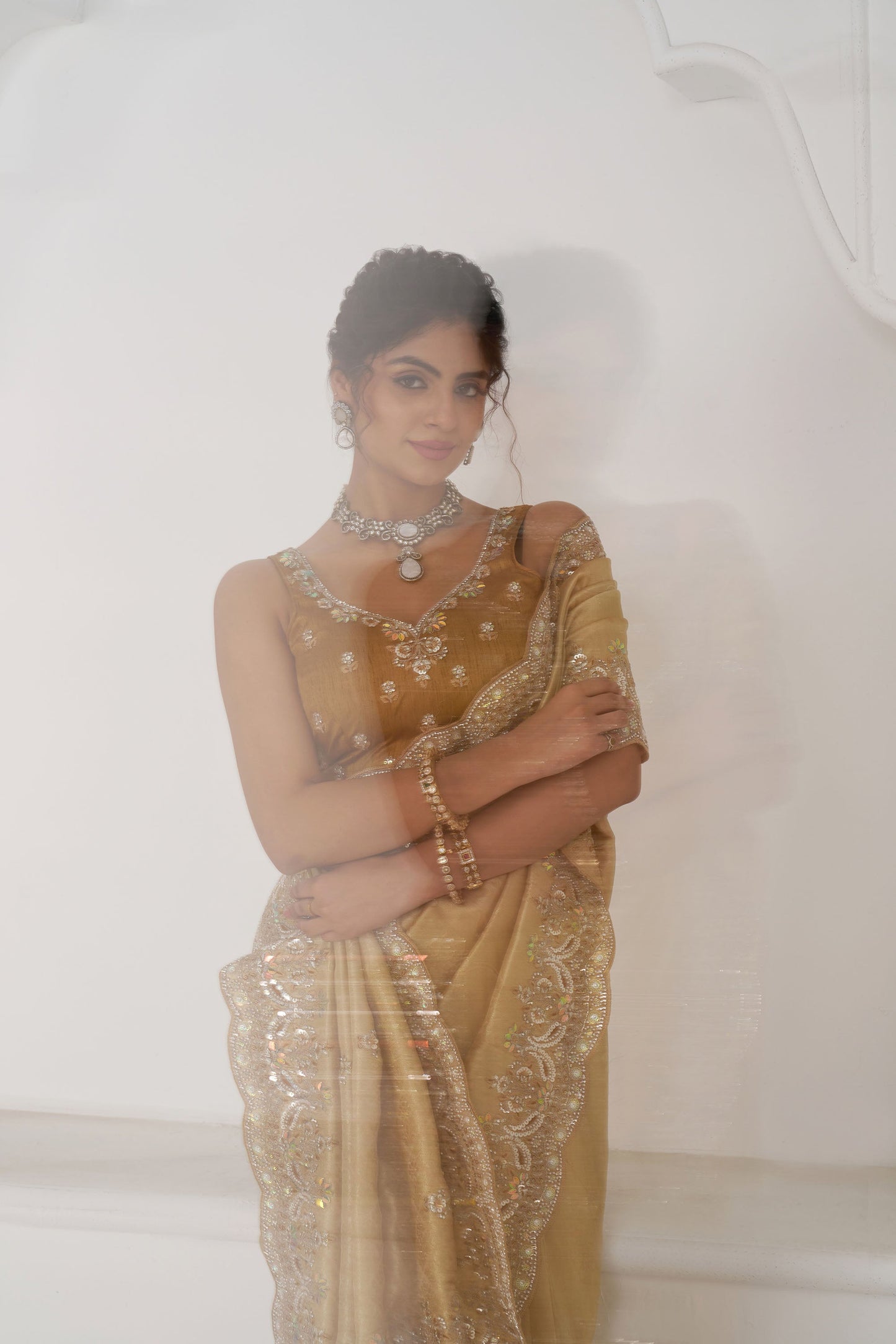 Golden Dola Viscose Silk Sequins And Beads Embroidery Festival Saree