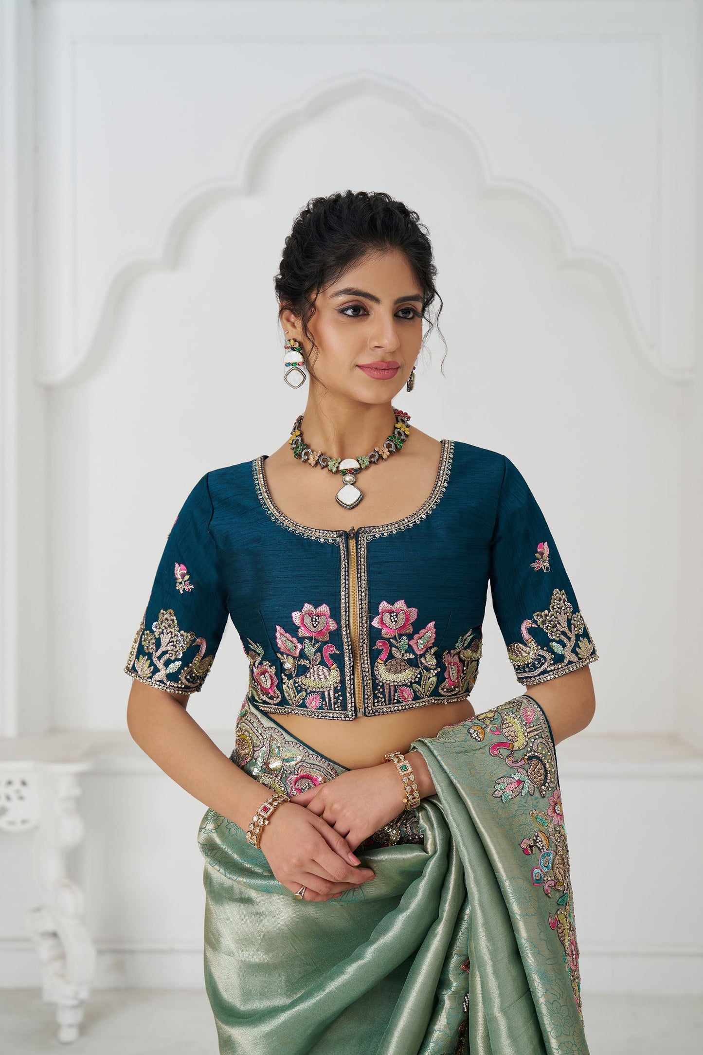 Green Dola Viscose Silk Multi-thread Embroidery Reception Saree