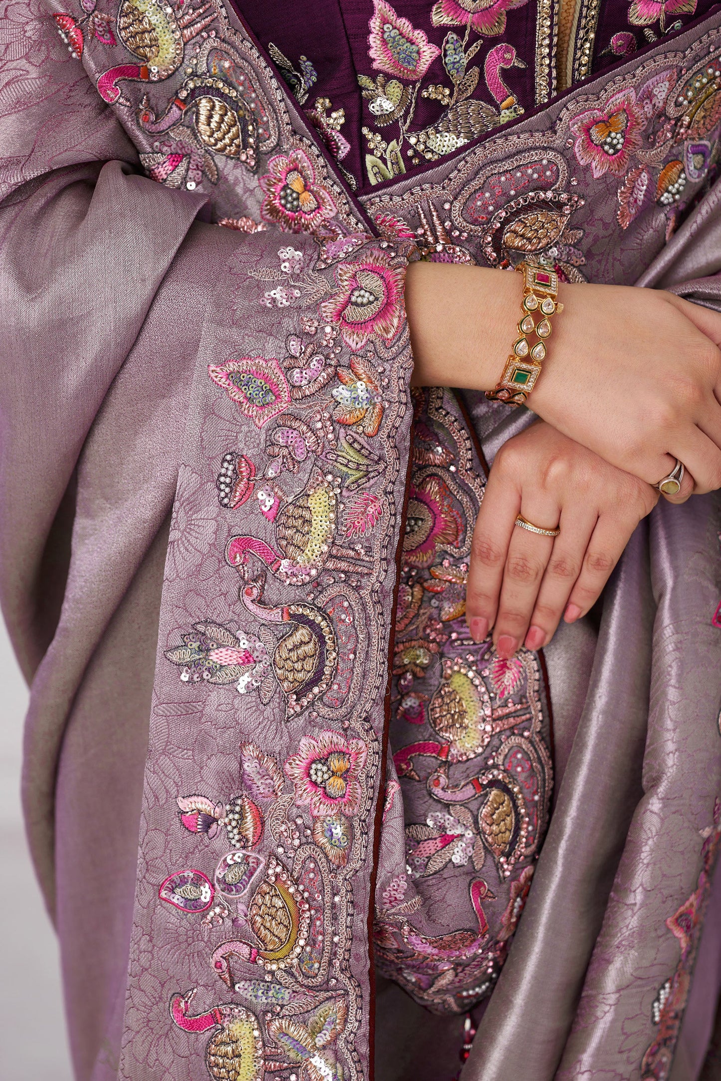 Mauve Color Reception Saree With Multi-thread And Sequins Embroidery