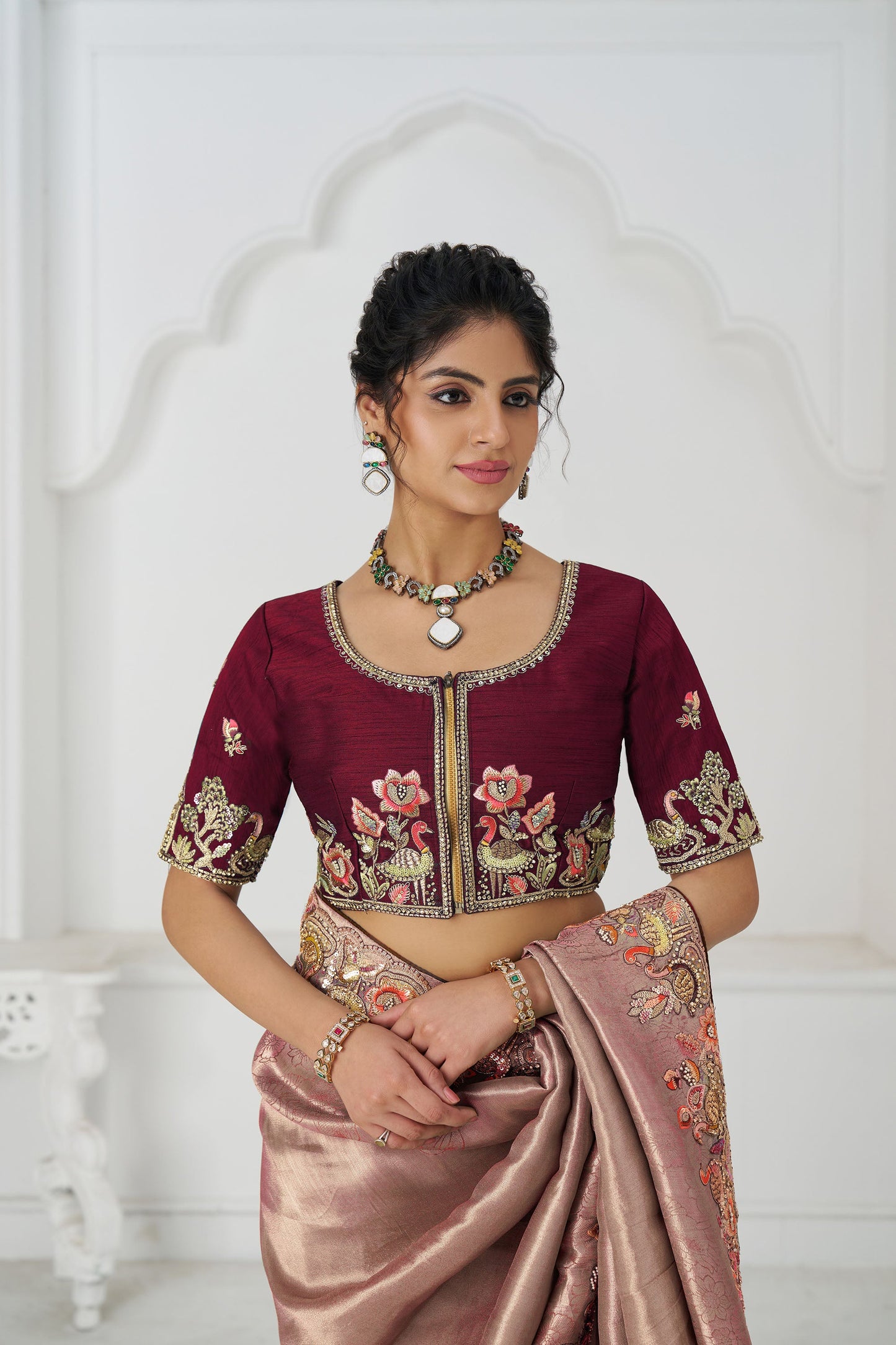 Pink Multi-Thread And Sequins Embroidery Wedding Saree