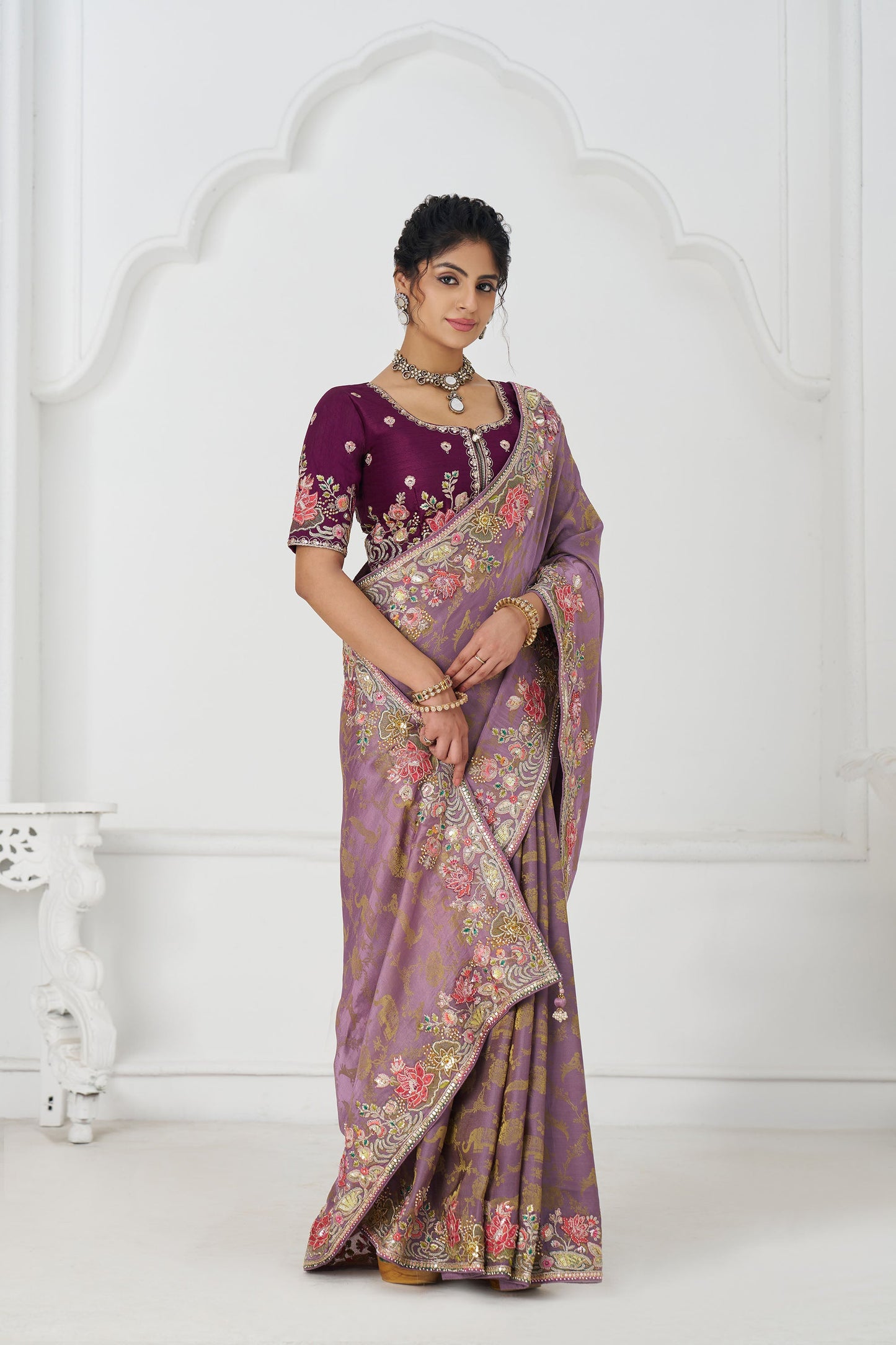 Mauve Dola Viscose Silk Floral Work Festive Saree