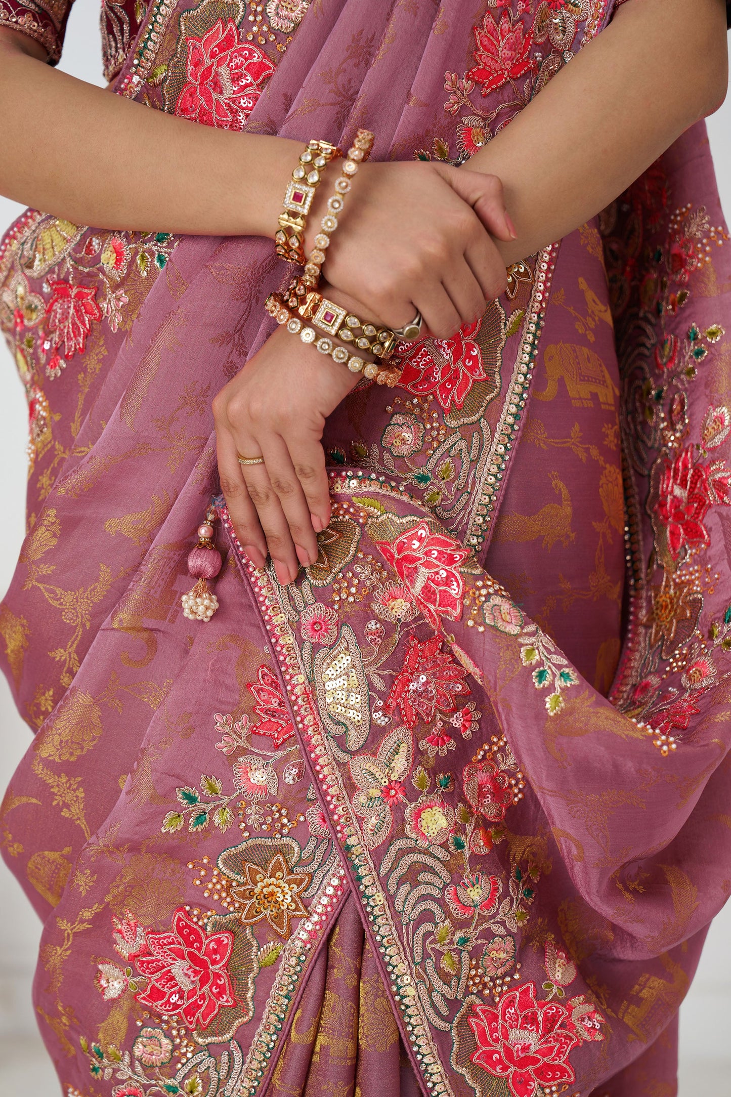 Pink Dola Viscose Silk Floral Work Festive Saree