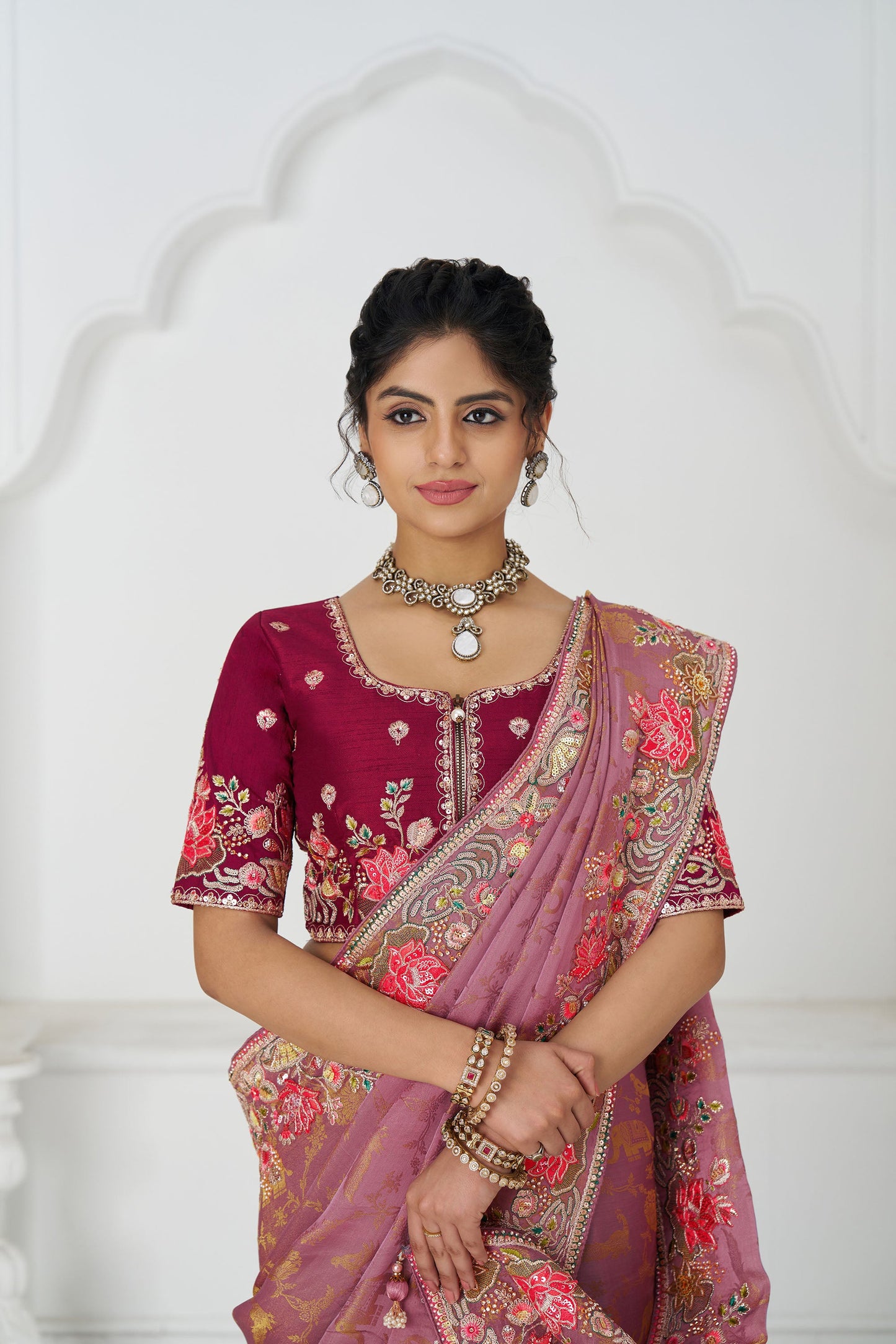 Pink Dola Viscose Silk Floral Work Festive Saree