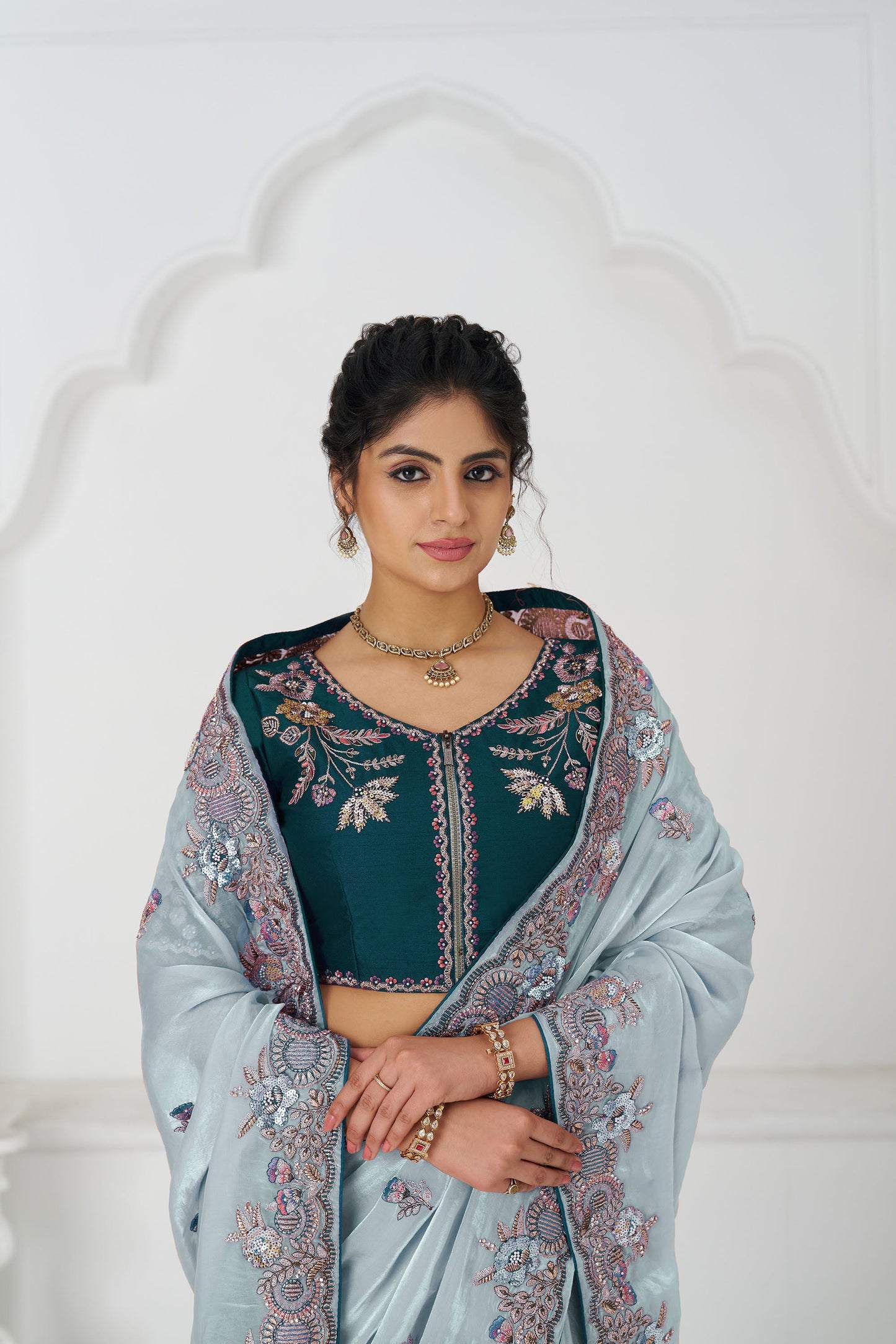 Grey Fendi Silk Festive Saree With Zari & Sequins Embroidery