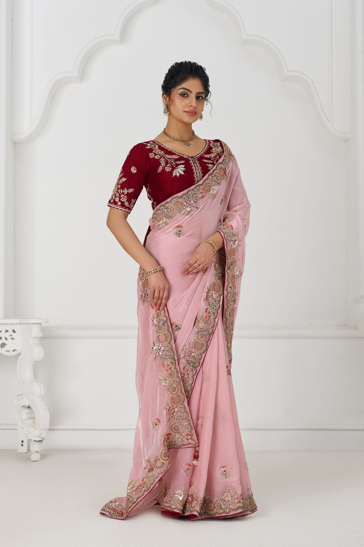 Pink Fendi Silk Festive Saree With Zari & Sequins Embroidery