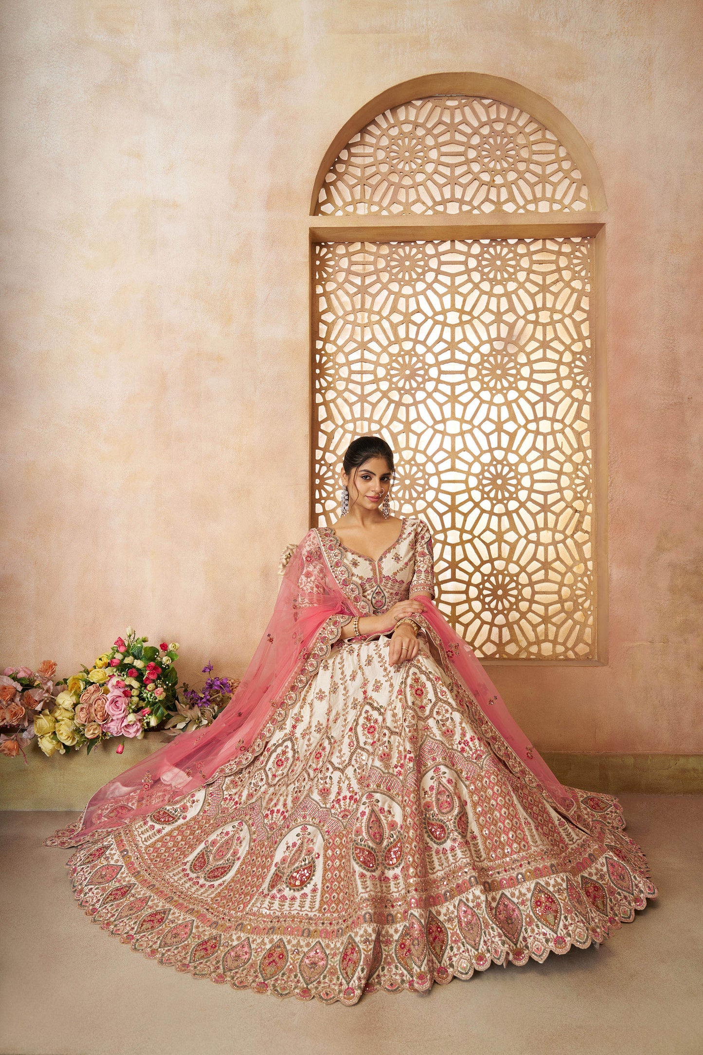 White Imperial Patterned Sequins Embroidered Silk Bridal Lehenga for Haldi