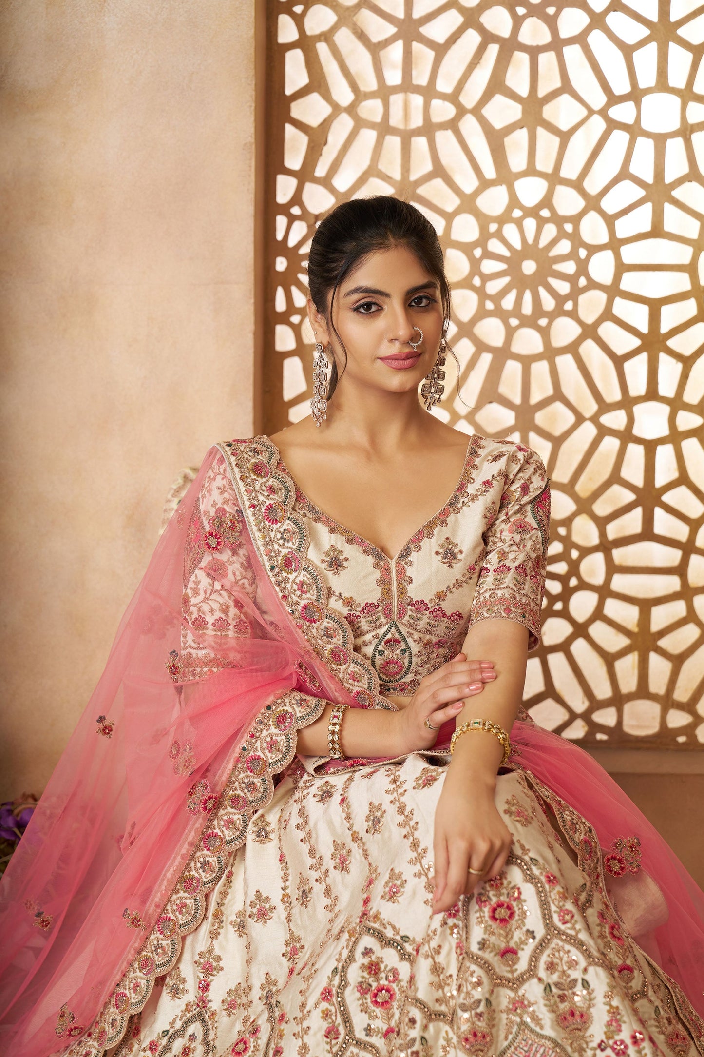 White Imperial Patterned Sequins Embroidered Silk Bridal Lehenga for Haldi