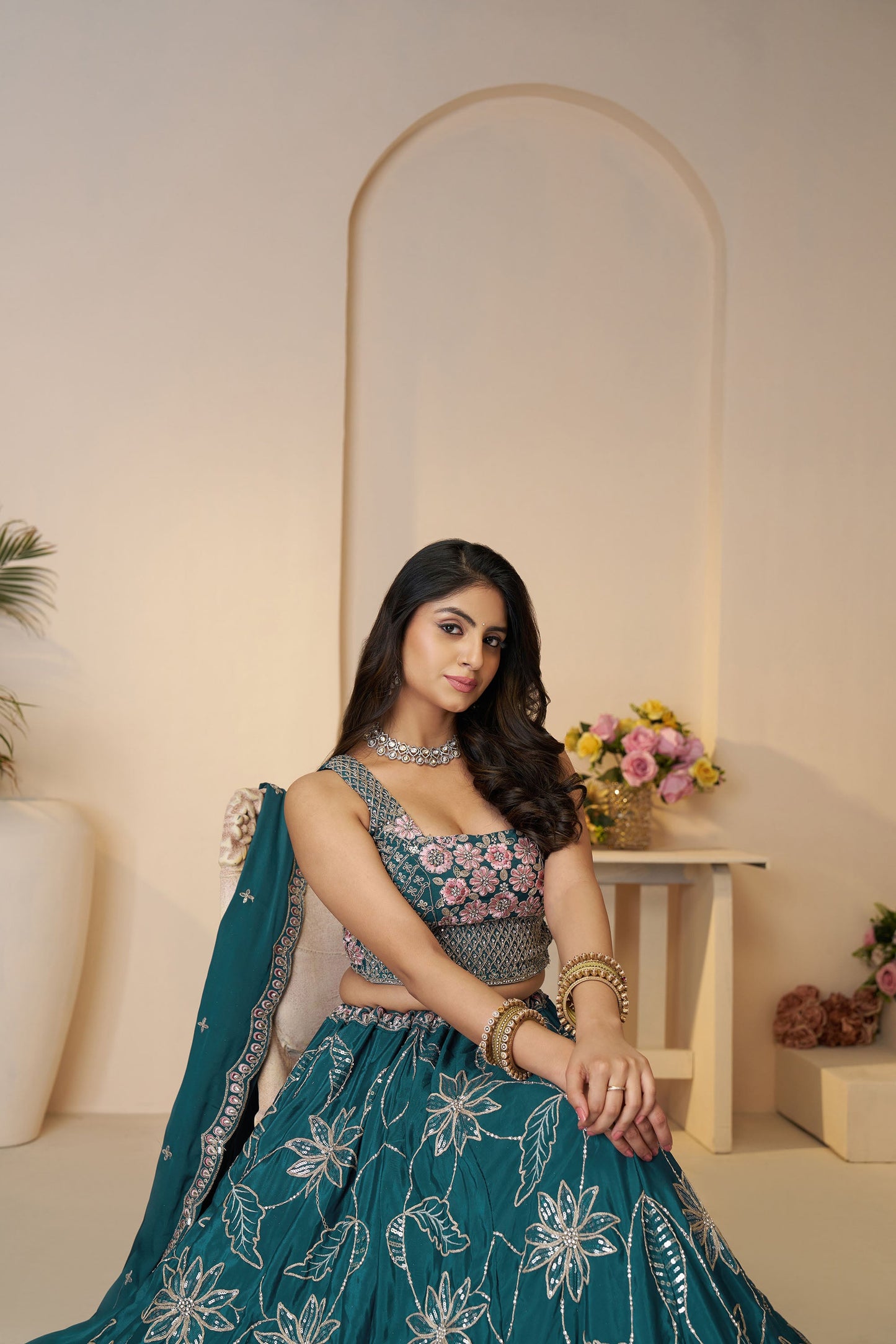 Blue Satin Silk Sequins Work & Floral Embroidery Bridesmaid Lehenga