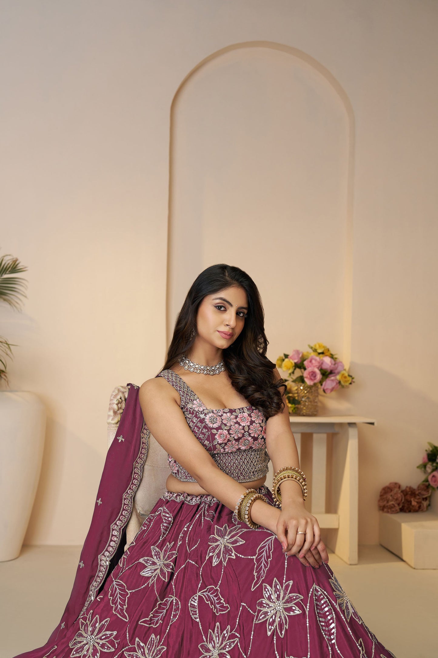 Maroon Satin Silk Sequins Work & Floral Embroidery Bridesmaid Lehenga