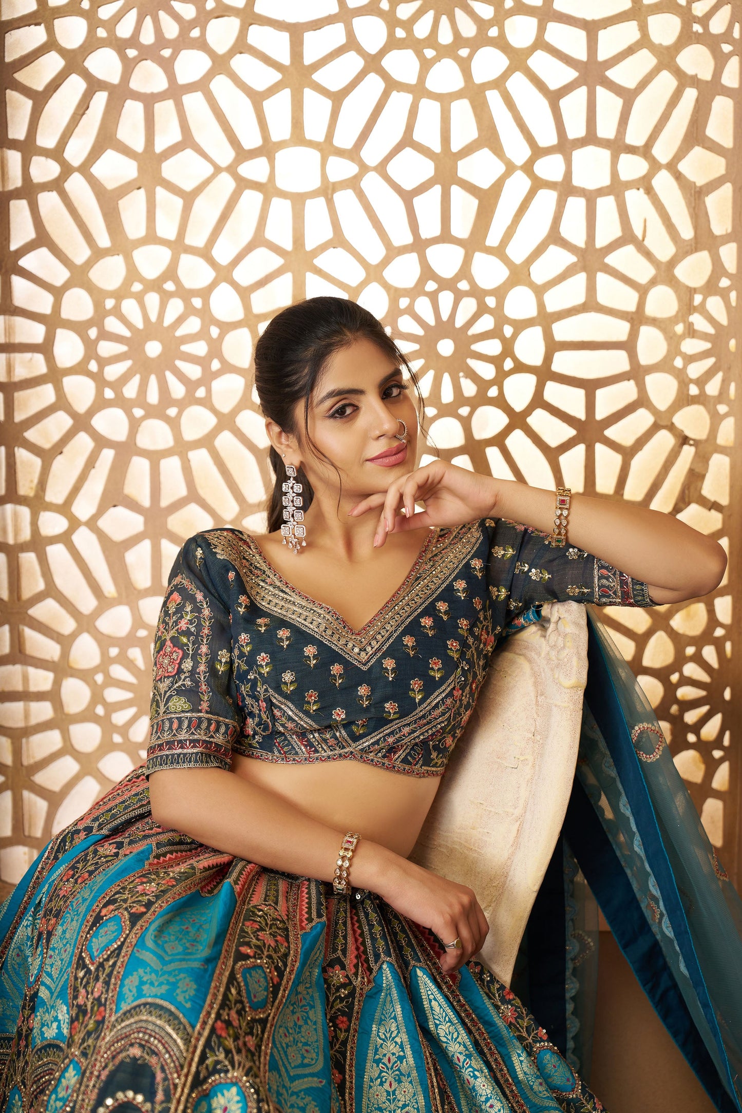 Blue Aari Embroidered Silk Lehenga For Wedding