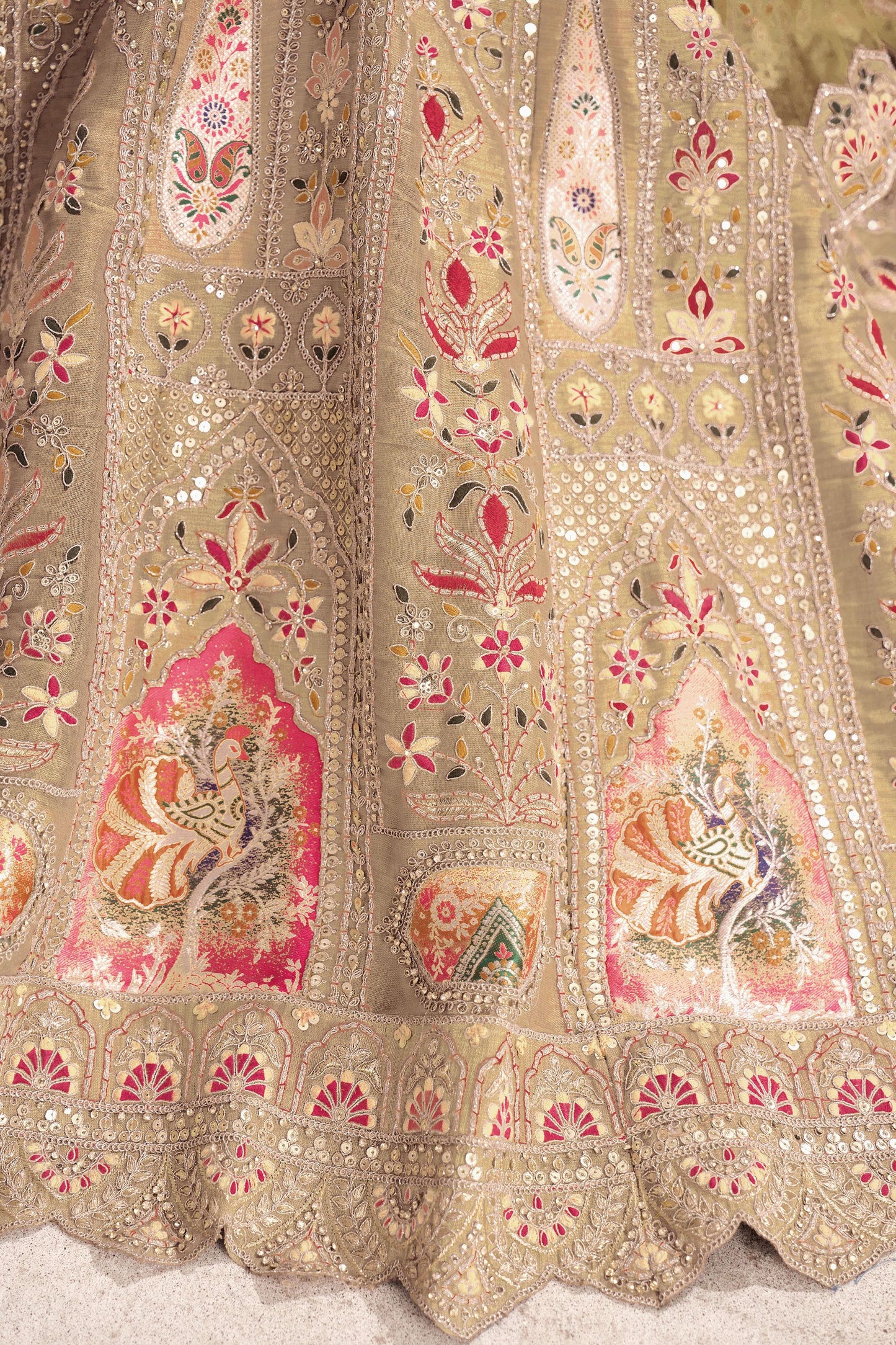 Beige Aari and Patch Embroidered Silk Bridal Lehenga