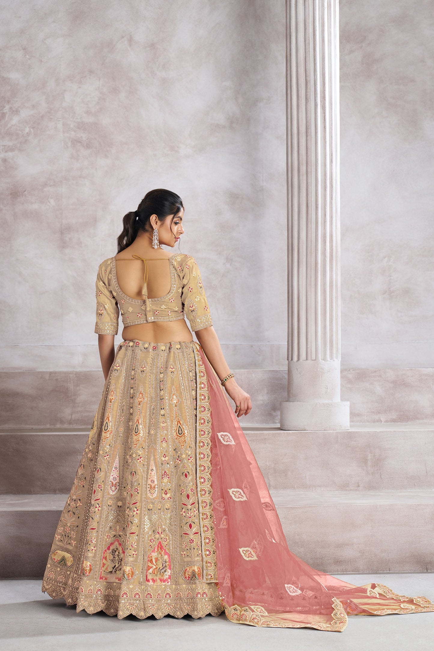 Beige Aari and Patch Embroidered Silk Bridal Lehenga