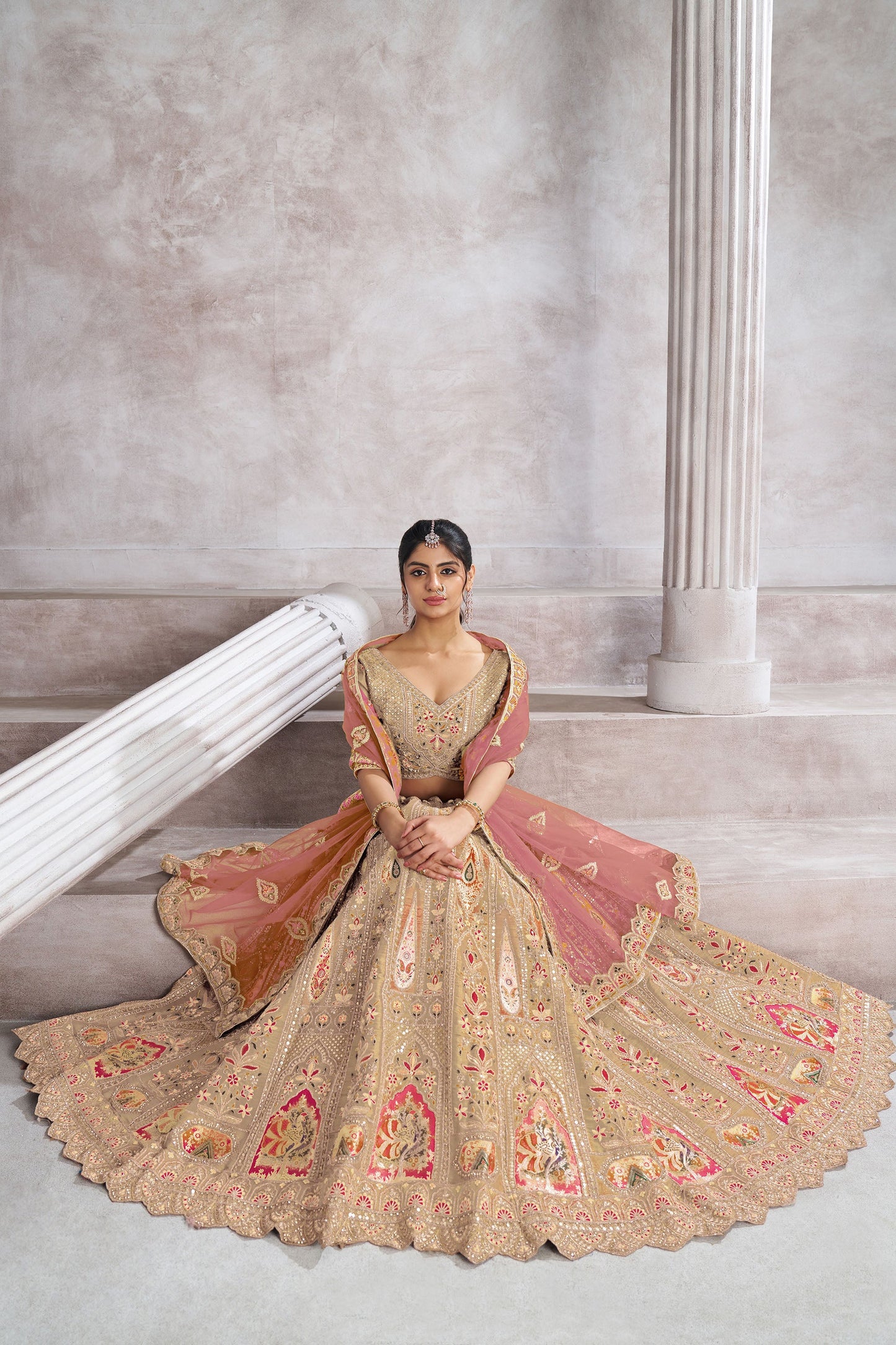 Beige Aari and Patch Embroidered Silk Bridal Lehenga