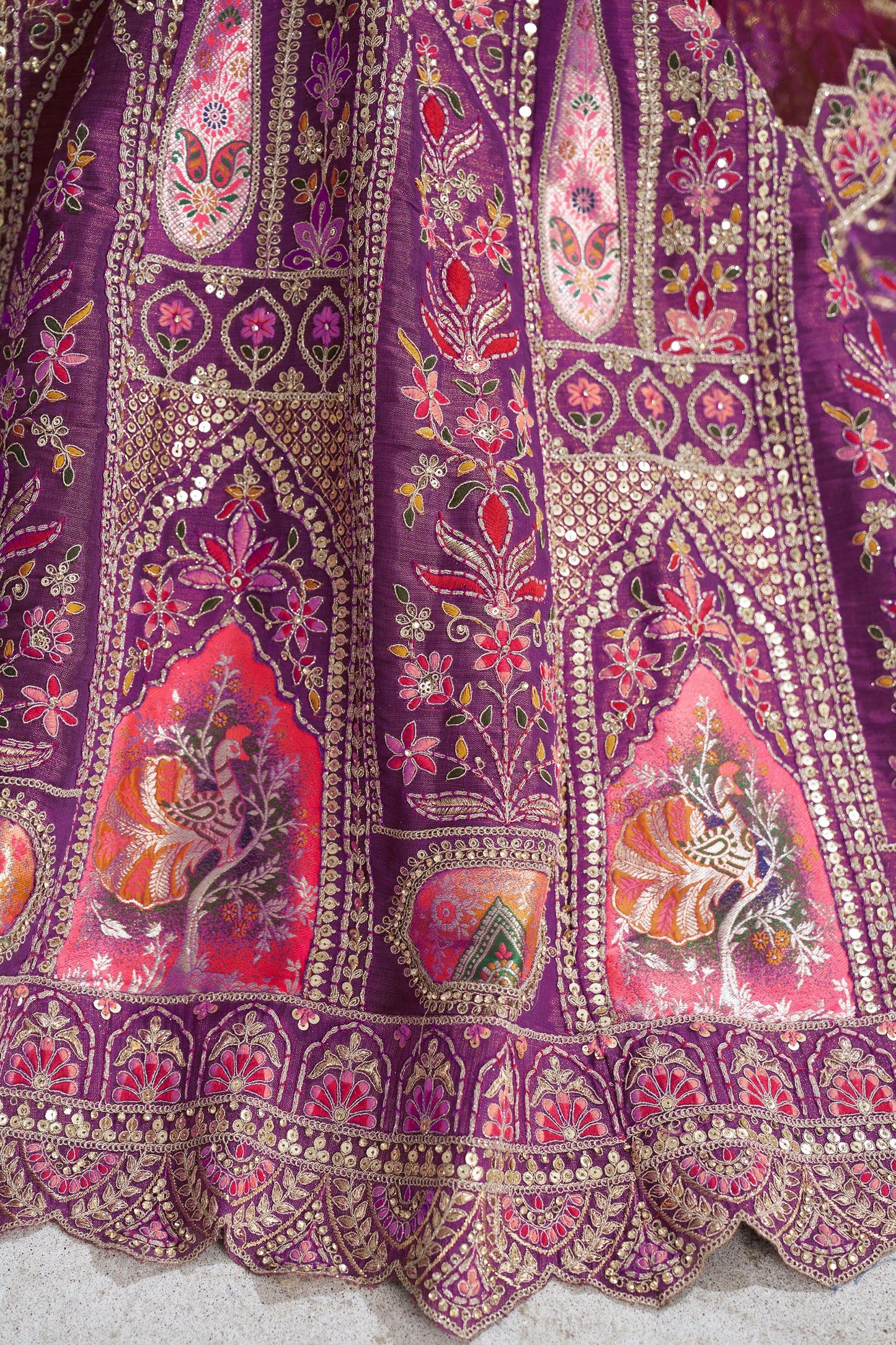 Purple Aari and Patch Embroidered Silk Bridal Lehenga