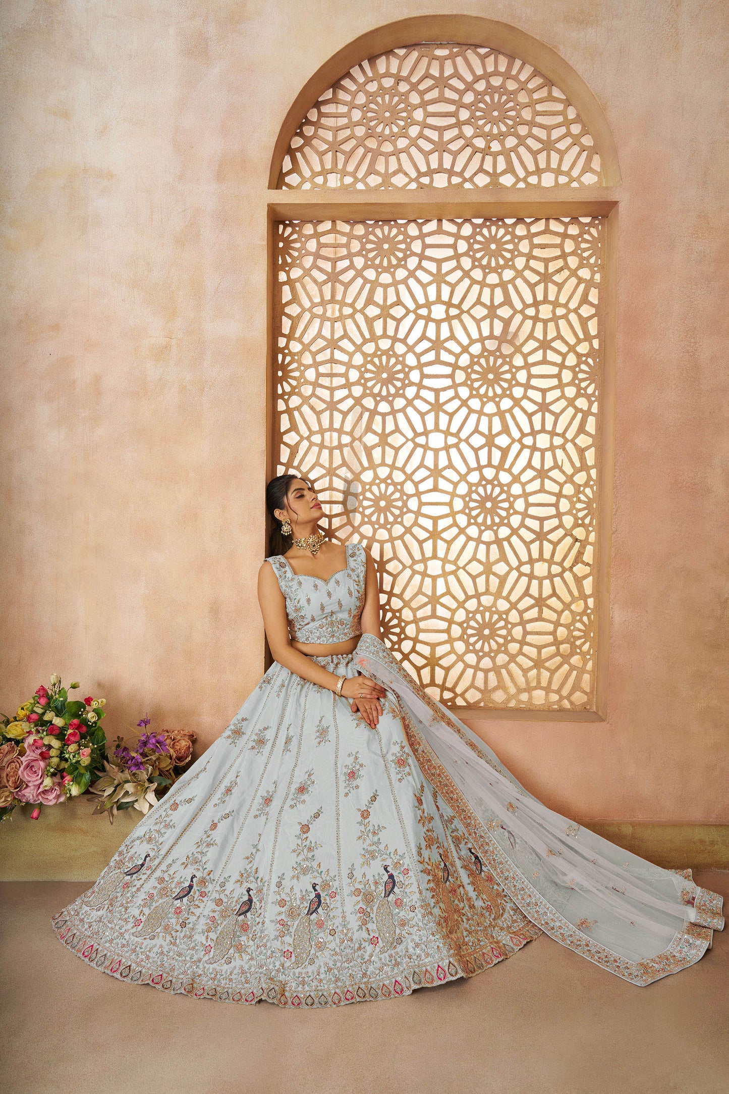 Sky Blue Zari Silk Sequins & Thread Embroidery Sangeet Lehenga