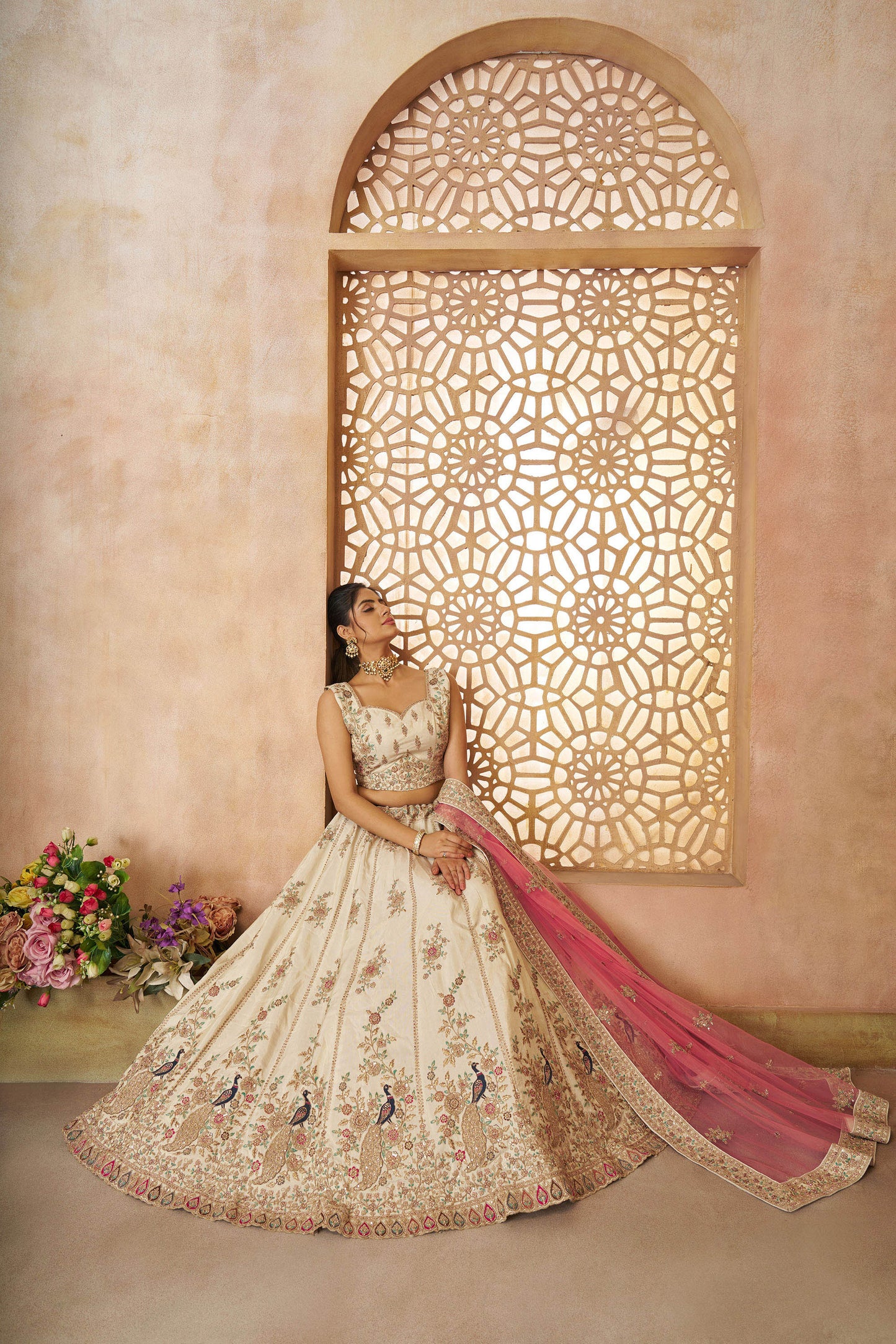 White Zari Silk Sequins  & Thread Embroidery Lehenga